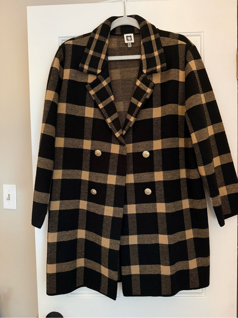 Anne Klein Black & Tan Plaid Double-Breasted Pea Coat